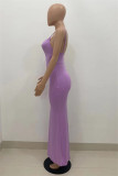 Фиолетовое модное сексуальное однотонное длинное платье с открытой спиной на бретельках