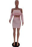Pink Sexy Casual Solid Backless Off the Shoulder Long Sleeve Two Pieces