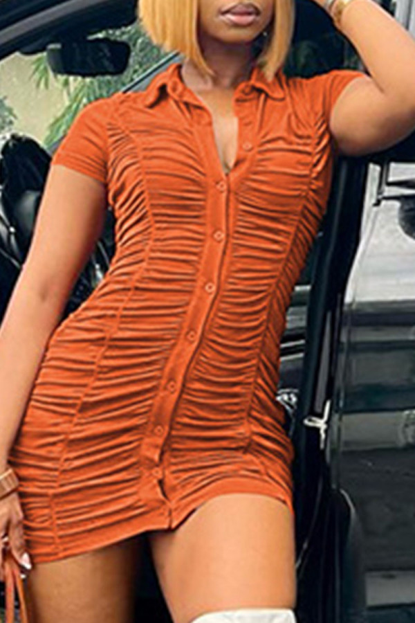 オレンジファッションカジュアルソリッドフォールドターンダウンカラー半袖ドレス