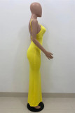 Gelbe Art und Weise reizvolle feste rückenfreie Spaghetti-Bügel-lange Kleid-Kleider