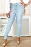 Mellanblått Mode Casual Patchwork Print Grundläggande skinny jeans med hög midja