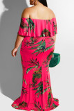 Rode sexy print patchwork volant uit de schouder een stap rok plus size jurken