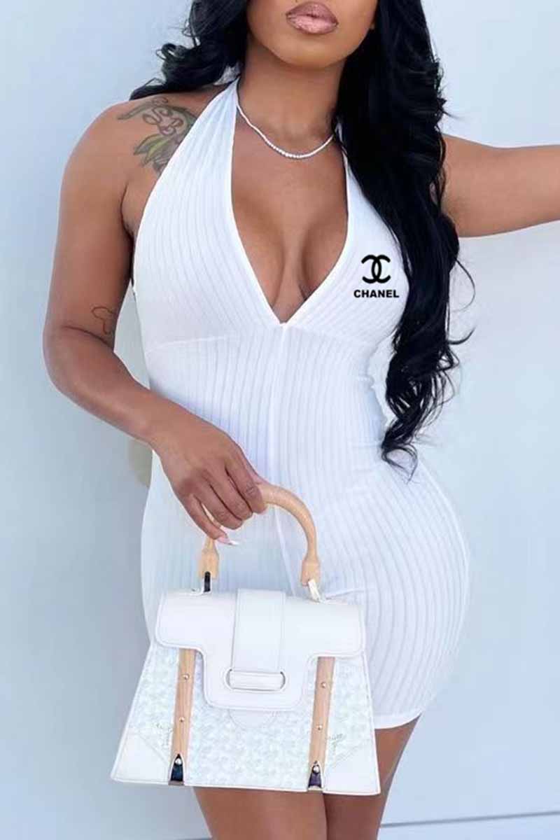 

White Fashion Casual Print Letter V Neck Jumpsuits