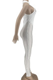 White Sexy Striped Patchwork See-through O Neck Skinny Jumpsuits