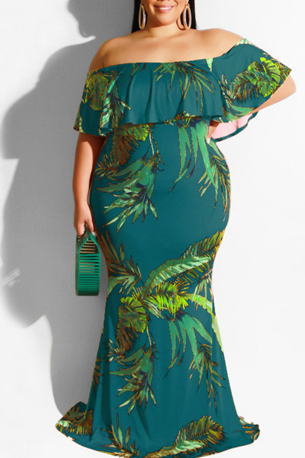 Verde sexy estampado patchwork volante fuera del hombro falda de un paso vestidos de talla grande