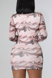 Pink Sexy Print Bandage Hollowed Out Patchwork V Neck Pencil Skirt Dresses