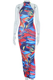 Red Blue Sexy Print Patchwork O Neck One Step Skirt Dresses