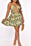 Yellow Sexy Print Bandage Hollowed Out Backless Halter Sling Dress