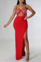 Rojo sexy sólido taladro caliente correa de espagueti lápiz falda vestidos