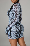 ブルーセクシープリント包帯くり抜かれたパッチワークVネックペンシルスカートドレス