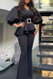 Black Fashion Casual Solid Patchwork Turndown Collar Half Sleeve Two Pieces (Without Belt)