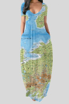 Water Blue Casual Print Patchwork V Neck Straight Dresses