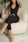Red Sexy Solid Bandage Patchwork Backless Hooded Collar Skinny Jumpsuits