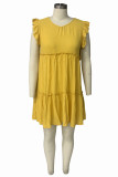 Yellow Fashion Casual Plus Size Solid Patchwork V Neck Sleeveless Dress