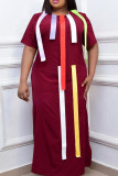 ブルゴーニュファッションカジュアルプラスサイズパッチワークコントラストOネック半袖ドレス