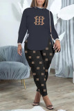 Brown Fashion Casual Print Bandage Patchwork O Neck Long Sleeve Two Pieces