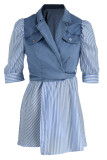 Blauwe mode casual gestreepte print patchwork turndown kraag korte mouw jurk