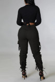 Черные повседневные однотонные штаны в стиле пэчворк с завязками и карманами, обычные, с высокой талией, однотонные брюки-карандаш