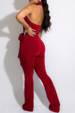 Red Casual Solid Patchwork Turndown Collar Boot Cut Jumpsuits