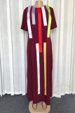 ブルゴーニュファッションカジュアルプラスサイズパッチワークコントラストOネック半袖ドレス