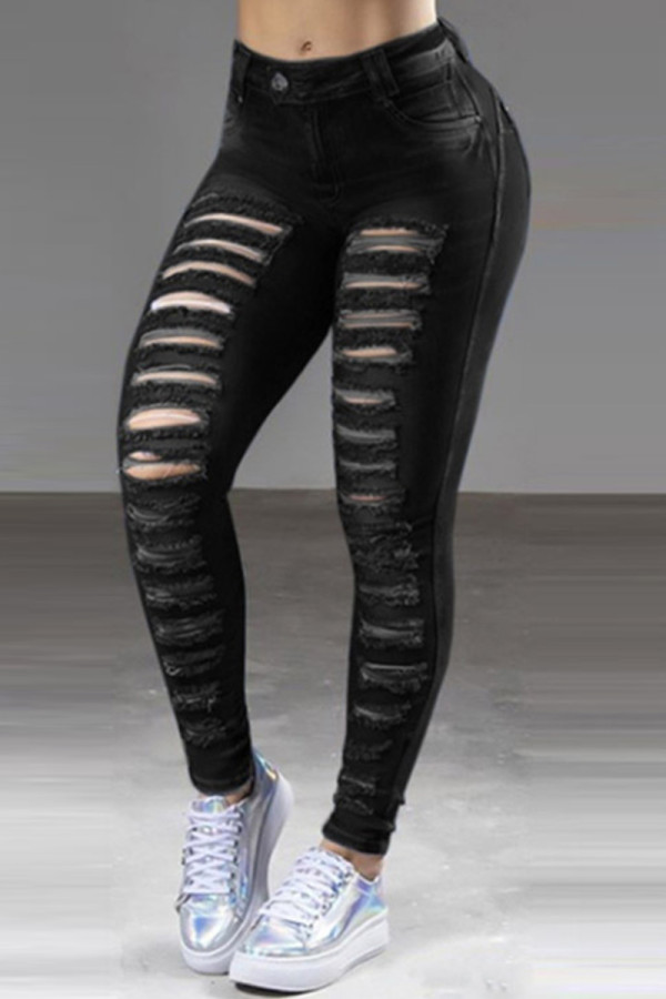 Jeans de mezclilla ajustados de cintura alta rasgados sólidos casuales de moda negro