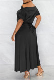 Vestido de manga corta con abertura en el hombro con retazos sólidos informales de moda negro