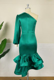 グリーンファッションセクシーなソリッドバックレス斜め襟イブニングドレスドレス
