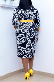 Black Fashion Casual Print Patchwork V Neck Pencil Skirt Plus Size Dresses