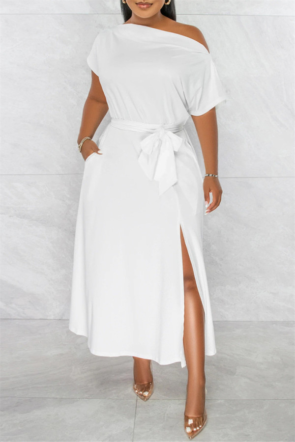 Vestido de manga corta con abertura en el hombro de patchwork sólido casual de moda blanco