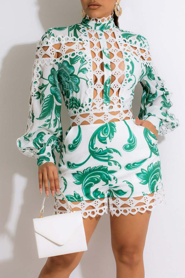 White Sexy Print Hollowed Out Patchwork Half A Turtleneck Straight Rompers