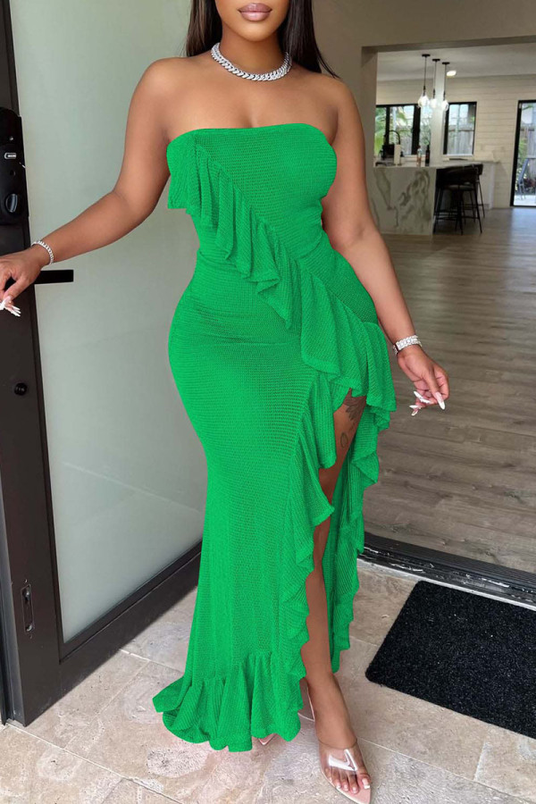 Зеленое сексуальное однотонное лоскутное платье с воланами, асимметричное платье без бретелек без бретелек, платья