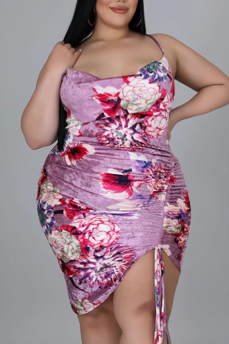 Pink Sexy Print Patchwork Draw String Fold Halter Irregular Dress Plus Size Dresses
