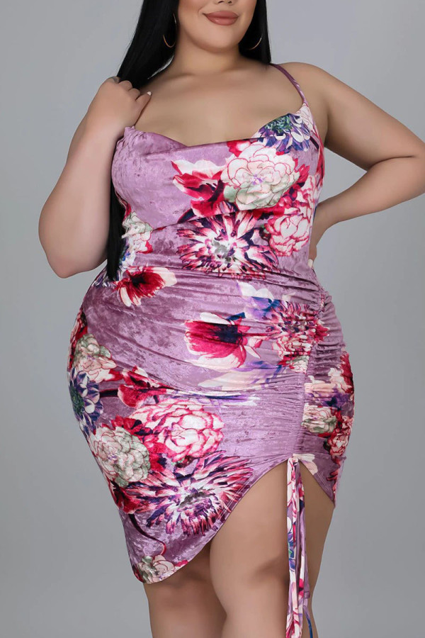 Pink Sexy Print Patchwork Draw String Fold Halfter Unregelmäßiges Kleid Plus Size Kleider