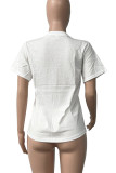 ホワイトカジュアルプリントパッチワークOネックTシャツ