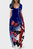 Blaues Kurzarmkleid mit Patchwork-V-Ausschnitt und Modedruck