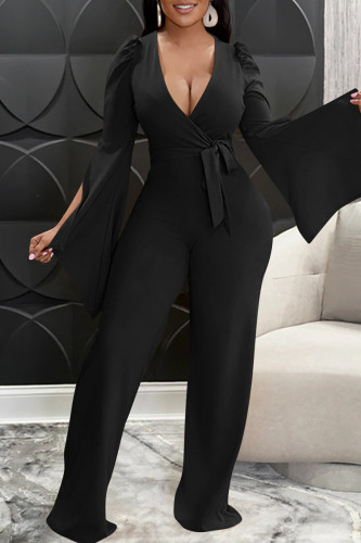 Black Fashion Casual Solid Bandage Slit V Neck Regular Jumpsuits
