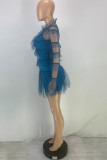 Синяя модная сексуальная однотонная прозрачная водолазка в стиле пэчворк с длинным рукавом из двух частей