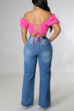 Lichte kleur mode casual effen gescheurde hoge taille regular denim jeans