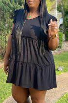 Zwarte mode casual plus size effen patchwork v-hals mouwloze jurk