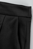 ブラックファッションカジュアルソリッドベーシックターンダウンカラー長袖ツーピース