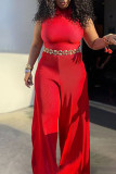 Red Casual Solid Patchwork O Neck Plus Size Jumpsuits(Without Belt)