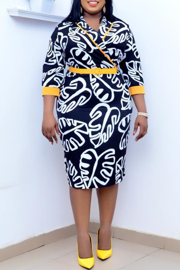 Zwarte mode casual print patchwork v-hals kokerrok plus size jurken