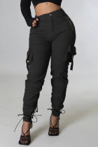 Черные повседневные однотонные штаны в стиле пэчворк с завязками и карманами, обычные, с высокой талией, однотонные брюки-карандаш