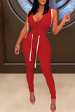 Rode Sexy Solid Bandage Patchwork Backless Hooded Kraag Skinny Jumpsuits