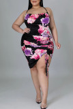 Zwarte sexy print patchwork trekkoord vouw halter onregelmatige jurk plus size jurken