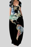Svarta Casual Print Patchwork V-hals raka klänningar