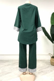 Verde moda casual estampa patchwork decote em v três quartos duas peças