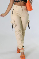 Абрикосовые повседневные однотонные лоскутные штаны с завязками и карманами, обычные, с высокой талией, карандаш, сплошной цвет