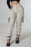 Pantalones casuales de patchwork sólido con cordón de bolsillo regular de cintura alta lápiz de color sólido fondos negros