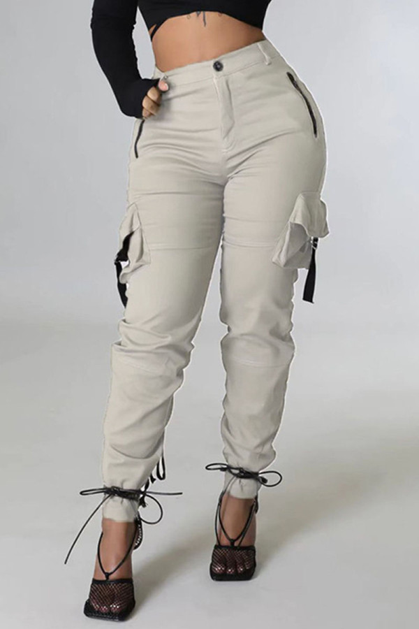 Серые повседневные однотонные однотонные штаны в стиле пэчворк с завязками и карманами, обычные, с высокой талией, однотонные брюки-карандаш